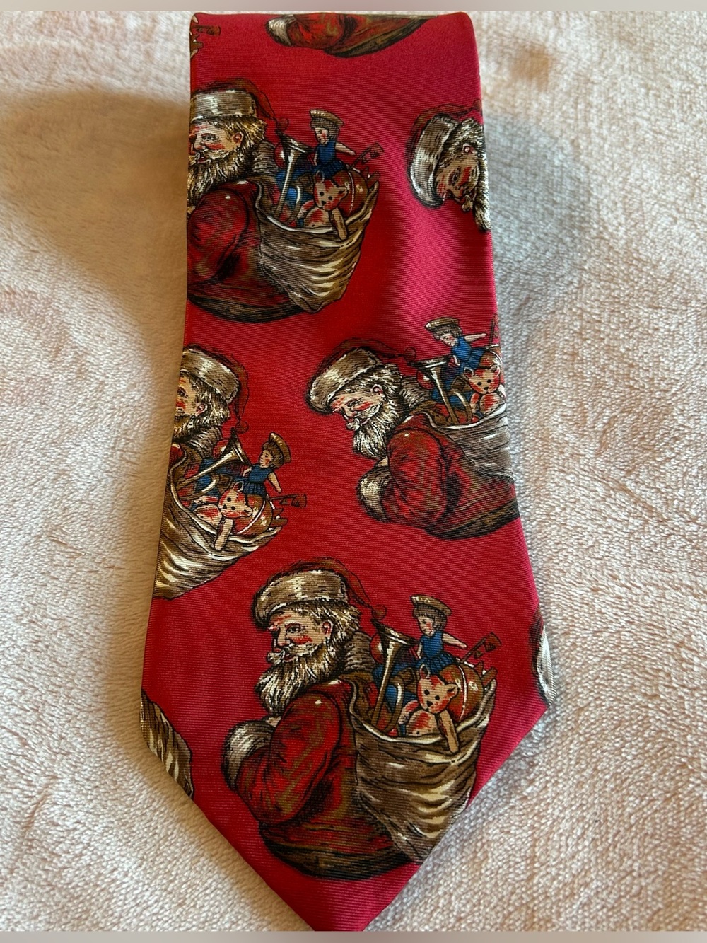 Stafford vintage red silk neck tie with Santa carrying bag of toys holiday